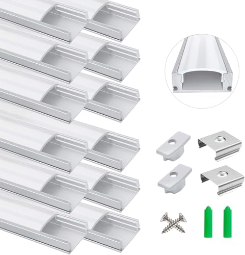12 Pack Led Aluminum Profile, 1Meter/3.3ft U-Shape Led Aluminum Channel, Led Profile with Milky White Cover. LED Channels and LED Diffusers with End Caps, Mounting Clips for LED Strip Lights