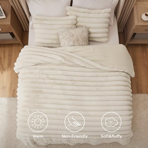 Image of Bedsure Faux Fur Queen Comforter Set - Beige Fluffy Comforter Queen Size, Soft and Cozy Shaggy Bedding Comforter Sets, Winter Warm Luxury Fuzzy Bed Set 3 Pieces, 1 Comforter and 2 Pillowcases