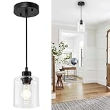 Capaaobc 1 Light Pendant Lights Kitchen Island, Modern Farmhouse Hanging Light Fixture, 39Inches Adjustable Black Ceiling Light for Dining Room, E26 Base, Clear Glass Shape