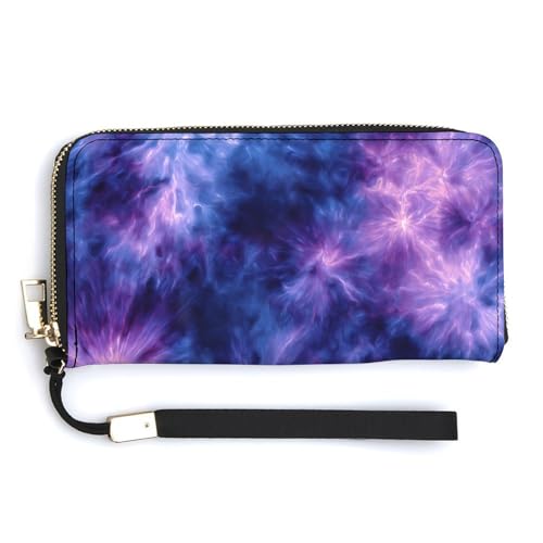 Abstract Blue Purple Tie-dye PU Leather Clutch Long Bifold Wallet, Coin Purse Credit Pass Case, Durable Card-Holder Money Storage for Women Men