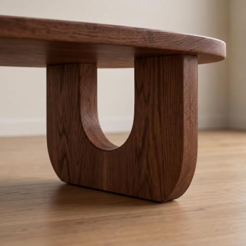 Image of Mango Wood Oval Coffee Table for Living Room, Modern Wooden Center Table with Unique U-Shaped Legs, Walnut Finish
