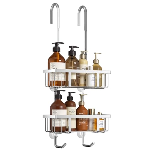 Josmimic Shower Caddy Hanging 2 Tier Over Door Drill Free Bathroom Shelf Shower Organiser Silver Rustproof