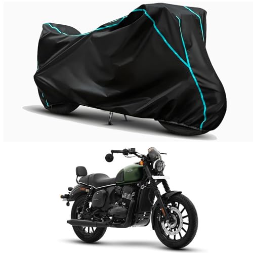Image of Waterproof Bike Body Cover Compatible for | Yezdi Roadster Hunter | Taffeta Fabric, Sky Piping Design, Bottom Elastic Fit | Dustproof, Sun UV & Rain Protection for All Weather.