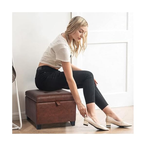 Asense 17 inch square storage ottomansmall foot rest stool for couch faux leather upholstered footstool cube for entryway bedroom living room rust brown  urban country home decor