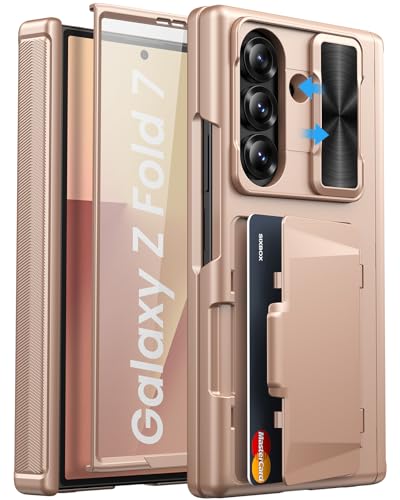 SIXBOX for Samsung Galaxy Z Fold 7 Case, Built-in Card Holder & Hinge Protection & Sliding Camera Lens Cover & Screen Protector, Rugged Heavy Duty Protective Phone Case for Z Fold 7 2025, Rose Gold