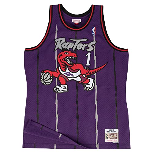 NBA Hardwood Classics Mitchell & Ness Tracy McGrady #1 Toronto Raptors 1998-99 - Maglietta Swingman NBA, Colore: Lilla, Multicolore, S