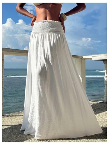 Milumia Women's Flowy Boho Maxi Skirt Low Waist Smocked Frill Ruffle Long Skirts2