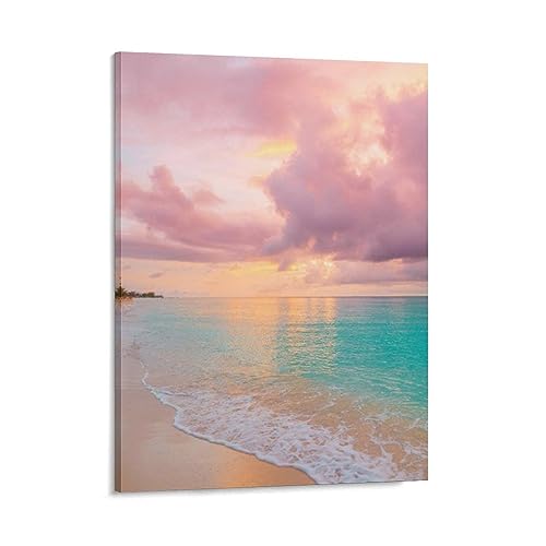 絵画 夕暮れのビーチインテリア 絵画 ピンクの雲 ロマンチックな風景 穏やかな海の景色アートパネル 壁の絵 ポスター 壁掛け ソファの背景絵画 玄関 壁飾り 絵画 木枠付きの完成品 40x50cm
