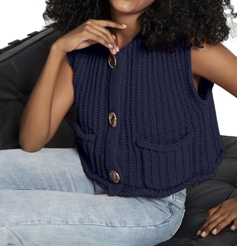 Image of Women's Sleeveless Crochet Cardigan Vest Casual Fashion Button Down Open Front Sweater Vest with Pockets