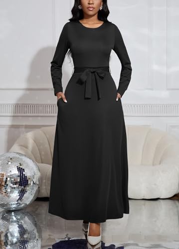 Image of BubFee Long Dress for Women Casual Long Sleeve Dresses Maxi Dress Empire Waist Loose with Belt