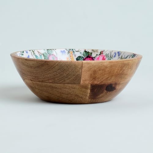 Image of SAAGA Printed Mango Wood Mixing Bowl | 8 x 2.5 Inch Large Wooden Serving Bowl for Salads, Fruits, Snacks, Curries & Desserts | Handcrafted Kitchen & Dining Bowl | Red Violet