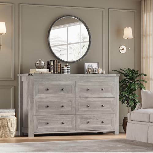 Image of BORNOON 6-Drawer Dresser, Modern Wooden Storage Chest of Drawers, Dresser TV Stand, Wood Drawer Organizer with Metal Handles for Bedroom, Living Room, Hallway