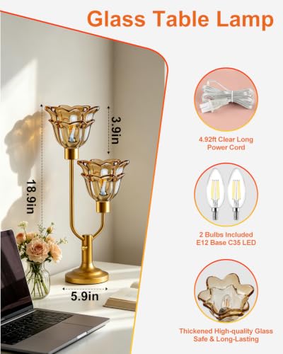 Image of Lightdot Mid Century Modern Flower Gold Table Lamp Vintage Gift Dimmable | Nightstand Lamp Amber Glass Desk Lamp 2 Bulbs Included Warmwhite Ambient Bedside Lamp for Living Room Bedroom Home Decor Gift