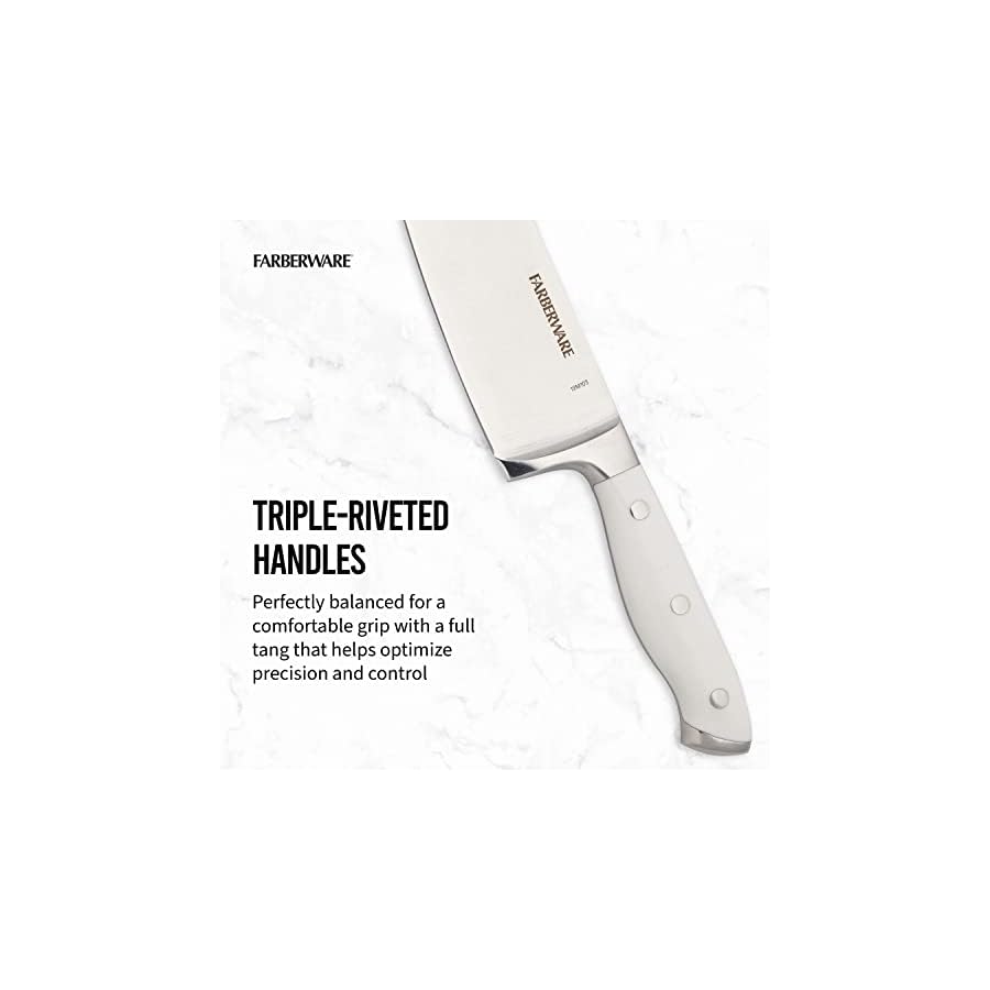 Farberware-Forged-Triple-Rivet-Cutlery-Set-15-Piece-White Farberware 15-Piece Forged Triple Rivet Knife Block Set, Razor-Sharp Kitchen Knife Set with Wood Block, High-Carbon Stainless Steel, White