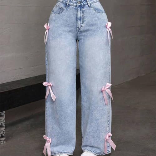 Girls Bow Jeans High Waisted Wide Leg Baggy Denim Pants – Cute Y2K Streetwear Trousers with Pockets for 6-16Y3