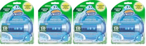 Image of Scrubbing Bubbles Fresh Gel Toilet Bowl Cleaning Stamps, Helps Keep Toilet Clean and Helps Prevent Limescale & Rings, Rainshower Scent, 1 Dispenser with 6 Fresh Gel Stamps (Pack of 4)