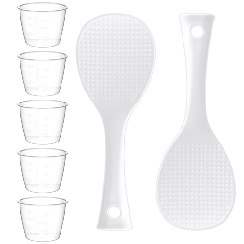 5 Stück Reis Messbecher, 160 ml aus Kunststoff für Reiskocher, Wäsche, inklusive 2 Reislöffel, Kunststoff Transparent Reisbecher-Ersatz für Küche Trockene und Flüssige Zutaten Messen