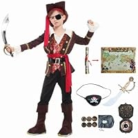 MISS & MR BM Pirate Costume Kids, Boys Deluxe Fancy Dress Up Set & Pirate Accessories for Halloween and Party Cosplay, Age 3-10 Years
