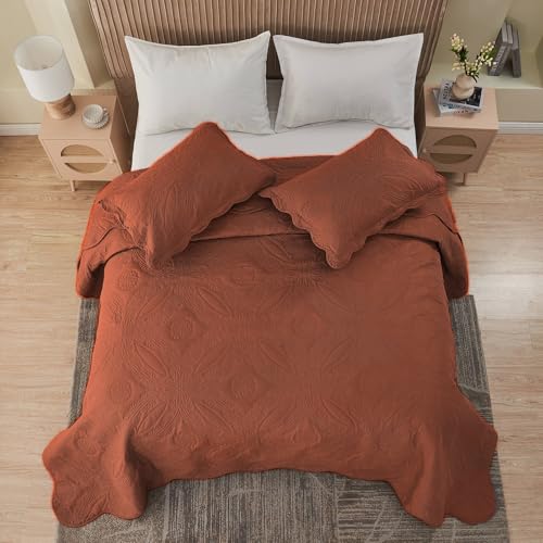 Image of Kingnex Oversized King Bedspreads 128x120 for Tall King or Cal King Bed Ultrasonic Quilted Coverlet Set 3 Piece Include 1 Extra Wide Quilt 2 Pillowcases Baked Clay