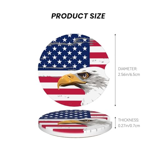 Image of American Flags Eagle Car Coasters for Cup Holder Absorbent Ceramic Cup Coaster 2 Pack Anti Slip Car Interior Accessories with Finger Notch Cork Base for Women Men 2.56 inch