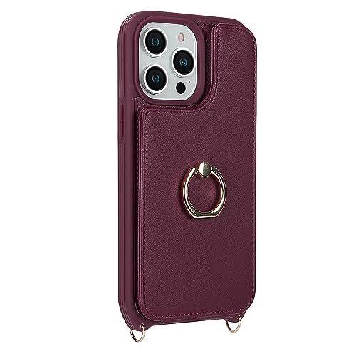Image of for iPhone 12 /12 Pro Case with Card Holder and Strap for Women,Crossbody Lanyard,RFID Blocking,Kickstand Ring Stand,Snap Clasp,Phone Wallet Cases 6.1 inch(Wine Red)