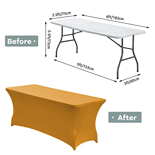 Image of CWK 6FT Waterproof Stretch Spandex Table Cover for Rectangular Tables - Elastic Fitted Tablecloth for Folding Tables,Wrinkle Resistant Table Cloth for Parties, Weddings, Banquets & Events (Gold)