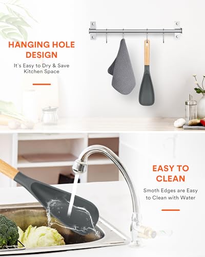 Image of Cooking Spoon for Nonstick Cookwares, Great for Cooking and Serving Durable BPA-Free Matte Silicone, Wood Handle Spoon for Mixing, Scoop, and Scrape