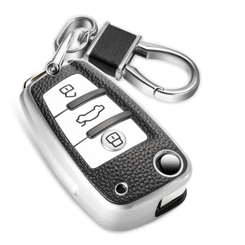 Image of Key Fob Cover for Audi, Leather-Style Keychain Tab Cover, Silver
