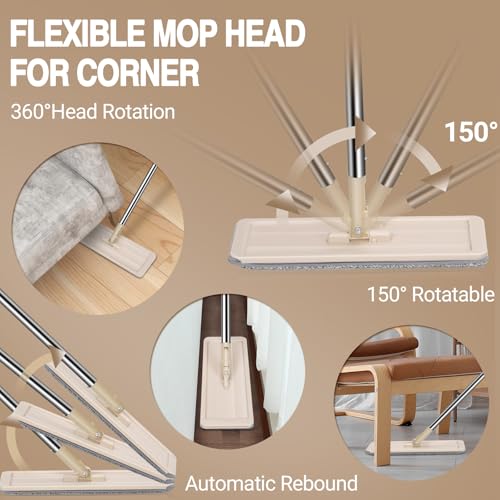 Juego de fregona y cubo de microfibra con mango telescópico de acero inoxidable, sistema de limpieza de suelos con escurridor, mopas de madera dura y azulejos para uso doméstico, kit de limpieza