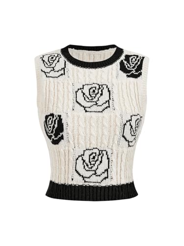 Verdusa Women's Old Money Floral Knitted Vest Casual Round Neck Sleeveless Boho Crop Tops Apricot Medium
