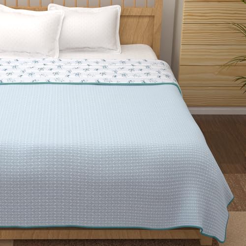 Image of Story@Home Dohar Double Bed Cotton 100% | 150GSM 225 x240 cm Quilt AC Blanket for Summer | AC Comforter Double Bed | Light Blue & White Geometric Reversible Design Duvet | All-Season Blanket