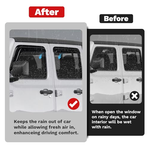 Image of Canvcle Window Visors Rain Guards for 2020-2025 2026 Jeep Gladiator Accessories, Outside-Mount Tape-On Side Window Wind Deflectors Vent Visors Shades Rainproof Black 4PCS