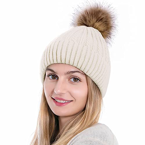 Simplicity Winter Beanie Fleece Line Knit Beanie with Detachable Pompom Winter Beanie Hat for Women Beanies Women, Beige Beanie