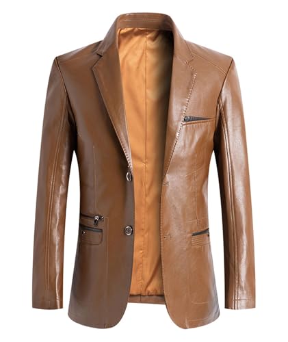 SEMATOMALA Men's Winter Leather Blazer Suit Jacket Notched Collar 2 Button Slim Moto Faux Leather Business Coat Outwear