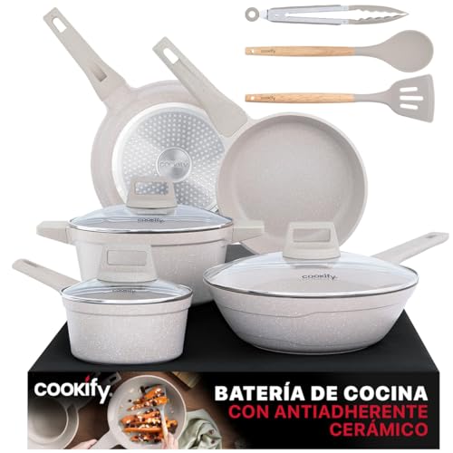 La mejor comparación de Baterias de Cocina de Ceramica del mes. 50 Cookify Bateria de Cocina con Antiadherente Cerámico Set 11 Pzas - Juego de Sartenes, Wok, Ollas Cacerolas y Utensilios, 100% Libre de PFOA (Mármol Taupe)
