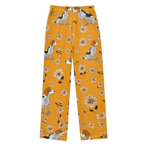Beagle Daisy Flowers Print Boys Long Pants Soft Trousers Elastic Waist Kids Lounge Bottoms with Pockets S-XL