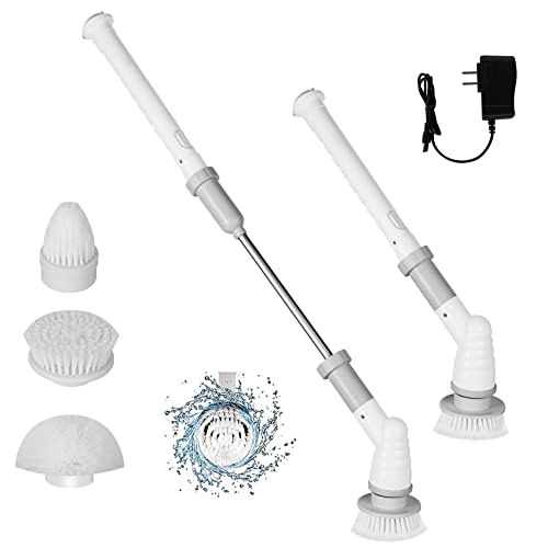 Upgraded Electric Spin Scrubber, Cordless Cleaning Brush, 360 Power Shower cleaning Scrubber with 3 Multi-Purpose Replaceable Cleaning Brush Heads, 1 Extension Handle for Tub, Tile, Floor, Grout, Grey