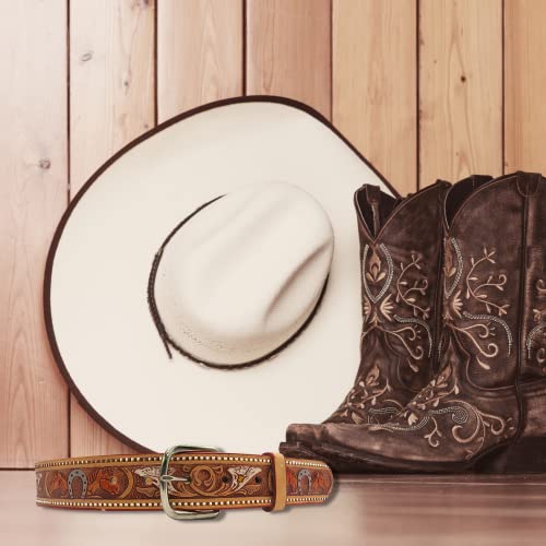 Needzo Painted Horse Decorative Leather Belt, Intricate Carved Floral Designs, Western Cowboy Apparel for Men and Women, Utility Tool Belts, Country Themed Wild West Gifts, Made in Mexico, Size 362