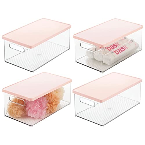 Buy 2 get 3 mDesign Plastic Stackable Storage Container Bin Box, Removable Lid, Handles - Bathroom Cabinet Organizer for Toiletries, Makeup, First Aid, Accessories, Soap, Loofahs, Bath Salts, 4 Pack - Clear/Pink
