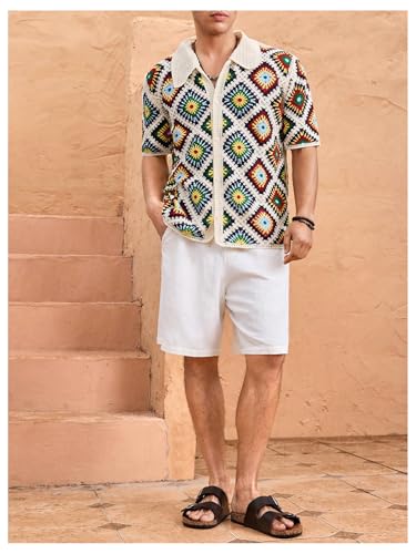 Men's Striped Knit Shirts Short Sleeve Button Down Shirt Crochet Hollow Out Summer Beach Top Vintage Vacation Wear4