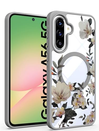 VONZEE Compatible with Samsung Galaxy A56 5G Back Case Luxury Retro Flowers Floral Clear for Magnetic Wireless Charging Case Shockproof PC+TPU Cute Glossy Shiny Cover for Girls Women, Grey