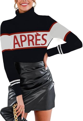 ALPSWARE Women Turtleneck Sweaters Stripe Sleeve Shirts Apres Ski Tops Fashion Winter Thermal Outfits Black S