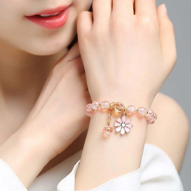 Image of El Regalo 1 PC Dailsy Flower Sparkly Crystal Beads Tassel Bracelet for Girls /Teens /Women- Cute Crackle Beads Daisy Flower Stretch Bracelet