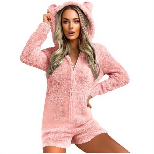 HAOLEI Mono Mujer Invierno,Pijama Enterizo con Capucha para Adultos Suaves Pijama Entero Mujer de Forro Polar de Doble Cara Mono Manga Larga Manga Larga con Cremallera Cómodos Ropa de casa