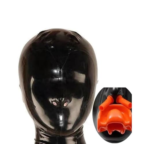 IMZAUYH Latex Mask Black Hood Braces 15cm Nasal tube Sealed nostril Zipper Party Passion Rubber BH25 (Black M)