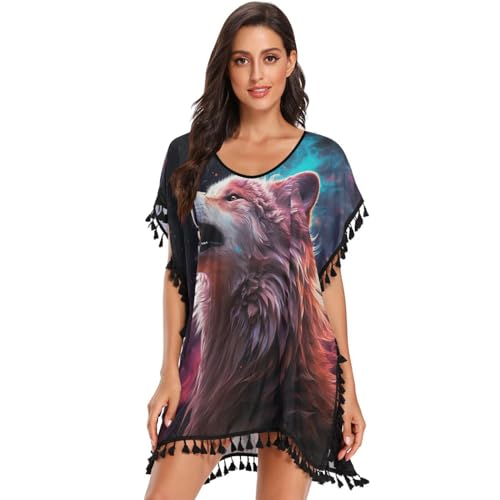 Galaxy Sad Wolf Art Women's Beach Cover Up Chiffon Tassel Swimwear Swimsuit Coverups for Girl