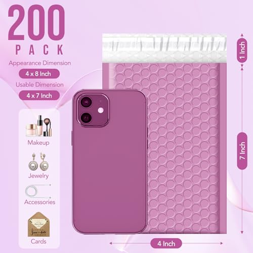 Image of Fuxury Bubble Mailers 4x8 inch Padded Envelopes 200 Pack Pinkish Purple Usable Size 4x7 inch Padded Mailers Small Bubble Envelopes Self Seal Shipping Bags for Mailing Jewelry Makeup Small Business #000