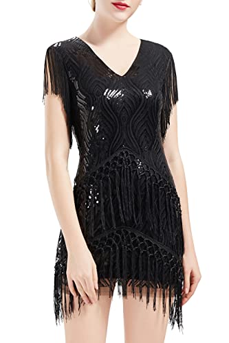 BABEYOND Robe Charleston des Années 1920-pour Femme Robe Vintage de Soirée Style Gatsby Années 20 Noir XS