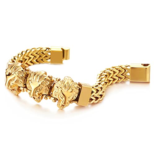 COOLSTEELANDBEYOND Steel Double Square Franco Link Bike Chain Three Lion Heads Bracelet, Magnetic Clasp2