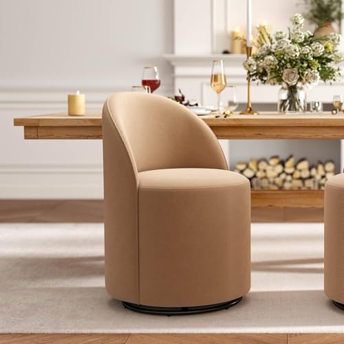 Wahson Velvet Swivel Dining Chair, Modern Upholstered Barrel Accent Chair with 360 Degree Rotation, Khaki Vanity Chair for Dining/Living Room, Bedroom, Makeup Room